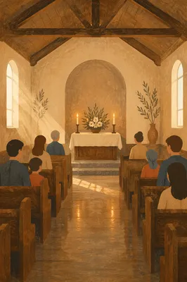Sunlit Chapel Aisle Toward Simple Altar