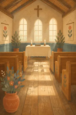 Quiet Chapel Aisle Toward Morning Altar