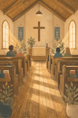 Sunlit Chapel Aisle Toward Wooden Altar