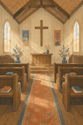 Quiet Chapel Aisle Toward Wooden Altar