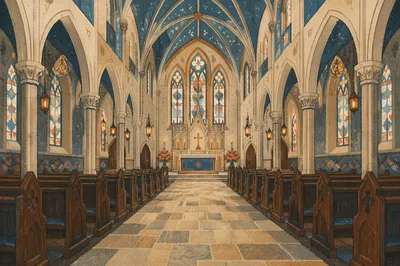 Historic Church Aisle Toward Illuminated Altar