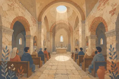 Ancient Church Aisle Toward Sunlit Altar