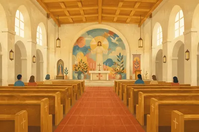 Warm Church Aisle Leading to Altar