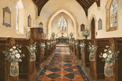 Historic Church Aisle Toward Softly Lit Altar