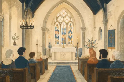 Historic Church Aisle Toward White Altar