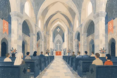 Grand Church Aisle Toward Simple Altar