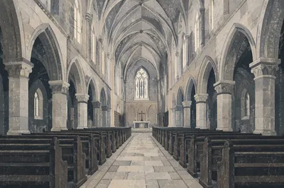 Historic Church Aisle Toward Simple Altar