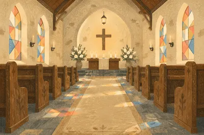 Sunlit Church Aisle Toward Simple Altar