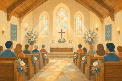 Peaceful Church Aisle Toward Softly Lit Altar