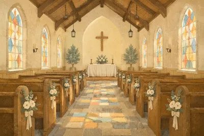 Peaceful Church Aisle Toward Softly Lit Altar