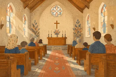 Sunlit Church Aisle Toward Simple Altar