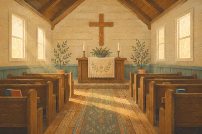 Quiet Chapel Aisle Toward Wooden Altar