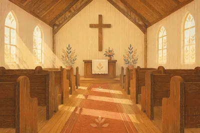 Quiet Church Aisle Toward Wooden Altar
