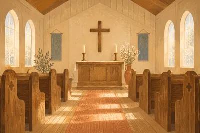 Quiet Chapel Aisle Toward Wooden Altar