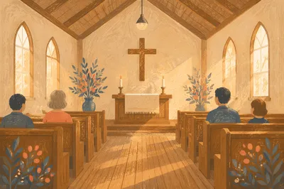 Sunlit Chapel Aisle Toward Wooden Altar