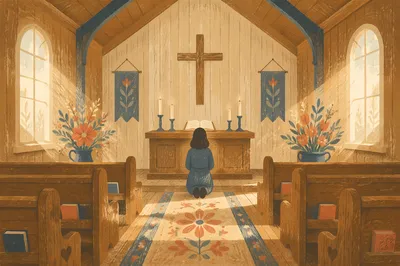 Quiet Chapel Aisle Toward Wooden Altar
