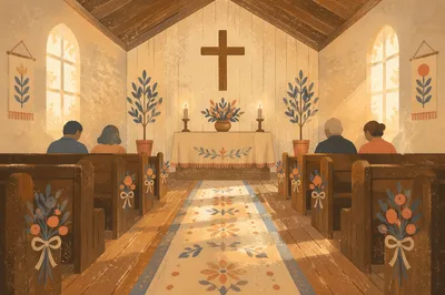 Warm Chapel Aisle Toward Simple Altar