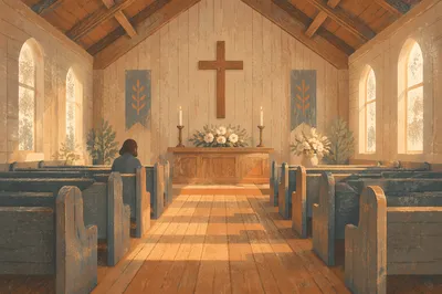 Quiet Chapel Aisle Toward Wooden Altar