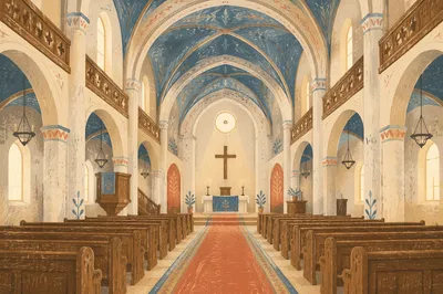 Historic Church Aisle Toward Candlelit Altar
