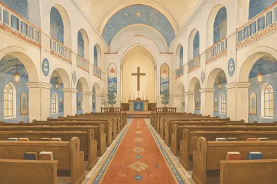 Church Aisle Toward a Candlelit Altar