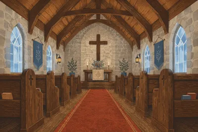 Red Chapel Aisle Toward Wooden Cross