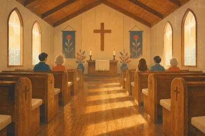 Warm Wooden Chapel Aisle to Altar