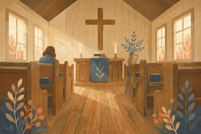 Quiet Chapel Aisle Toward Wooden Altar