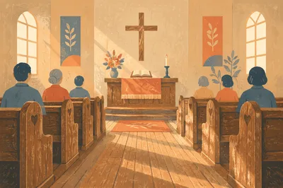 Peaceful Church Aisle Toward Wooden Altar