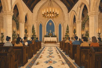 Gothic Church Aisle Toward Candlelit Altar