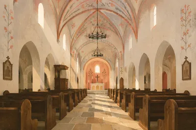 Historic Church Aisle Toward Glowing Altar