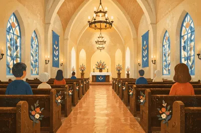 Peaceful Church Aisle Toward Candlelit Altar