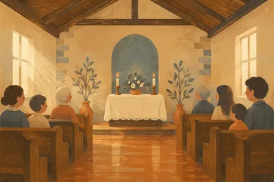 Quiet Chapel Aisle Toward Simple Altar