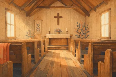 Quiet Church Aisle Toward Wooden Altar