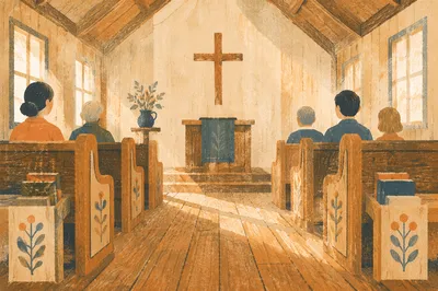 Quiet Wooden Chapel Aisle Toward Altar