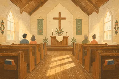 Peaceful Chapel Aisle Toward Wooden Altar