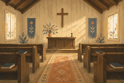 Quiet Chapel Aisle Toward Wooden Altar
