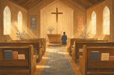 Morning Chapel Aisle Toward Wooden Altar