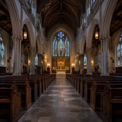 Historic Church Aisle Toward Illuminated Altar