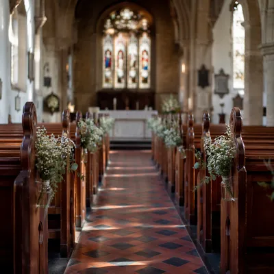 Historic Church Aisle Toward Softly Lit Altar