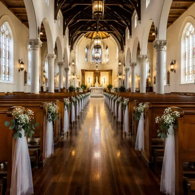 Traditional Church Aisle Toward Softly Lit Altar