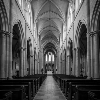 Gothic Church Aisle Toward Quiet Altar