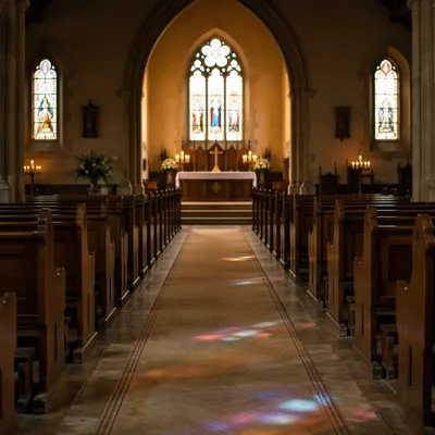 Sunlit Church Aisle Toward Simple Altar