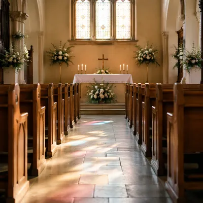 Peaceful Church Aisle Toward Softly Lit Altar