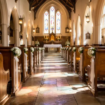 Quiet Church Aisle Toward Softly Lit Altar