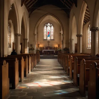 Quiet Church Aisle Toward Simple Altar
