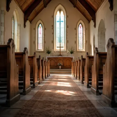 Countryside Church Aisle Toward Simple Altar