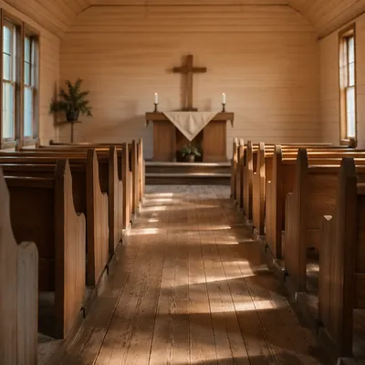 Quiet Chapel Aisle Toward Wooden Altar