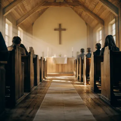 Quiet Chapel Aisle Toward Wooden Altar