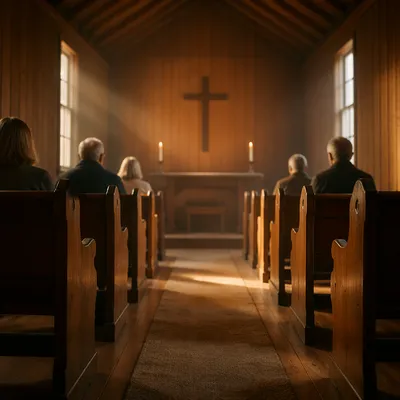 Quiet Chapel Aisle Toward Wooden Altar
