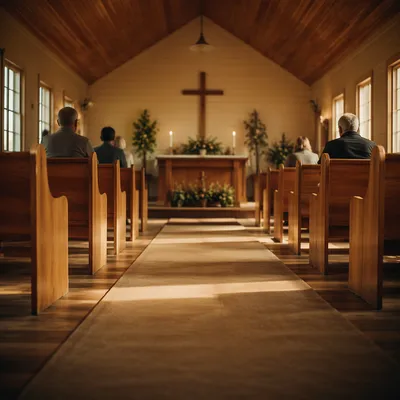 Peaceful Chapel Aisle Toward Wooden Altar